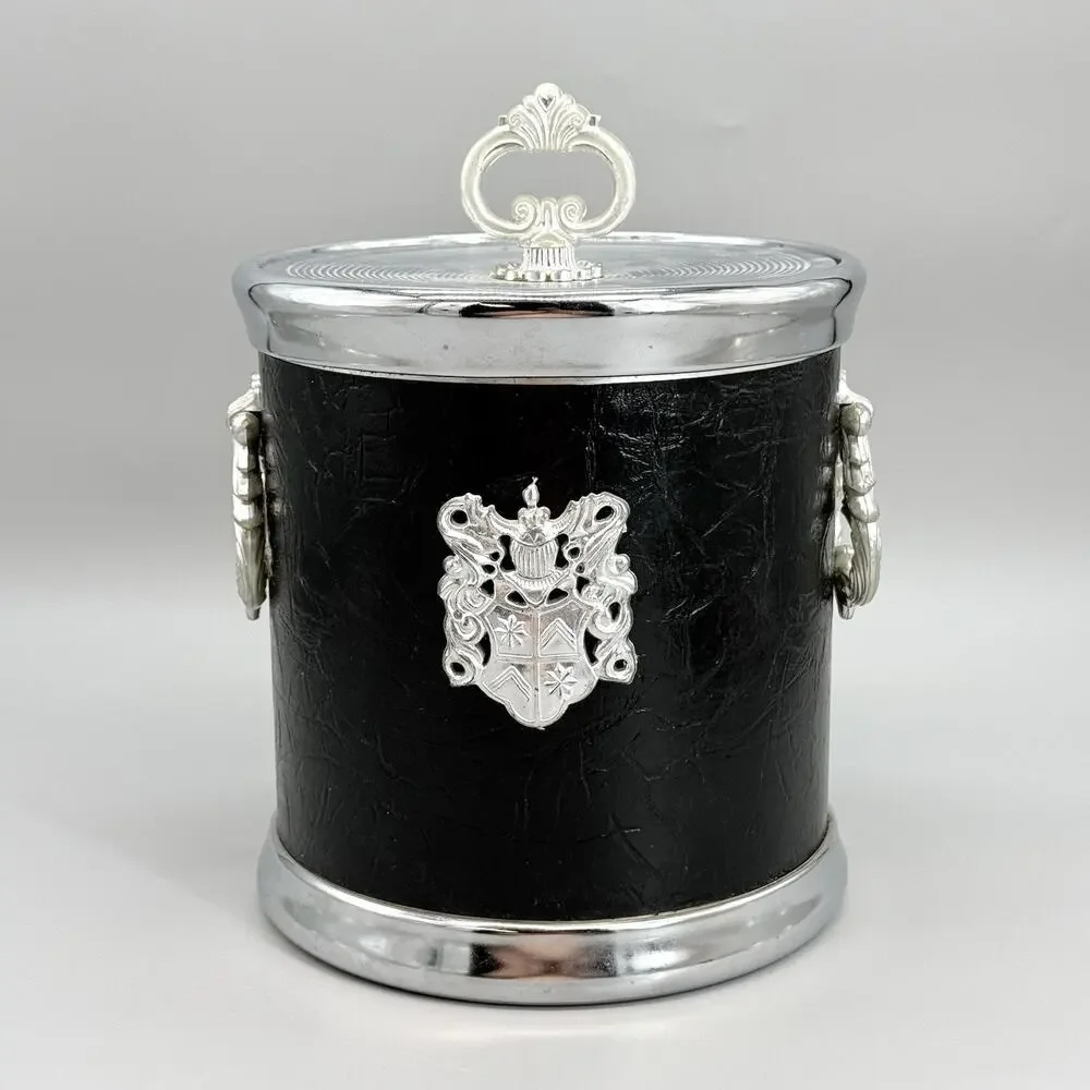Hong Kong MCM Vintage Black Vinyl and Silver Ice Bucket W/Crest Design